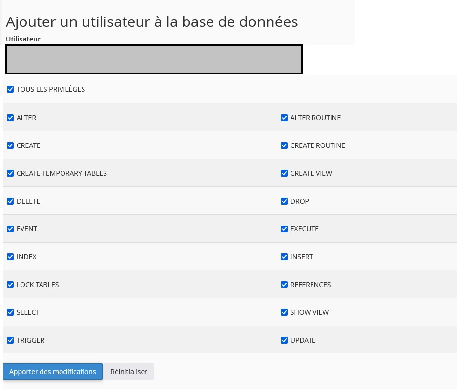 privileges utilisateurs bdd cpanel